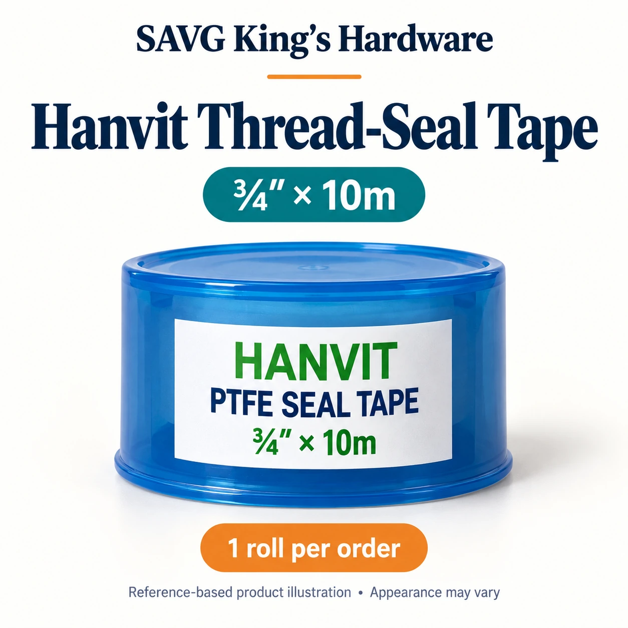 Hanvit PTFE Thread-Seal Tape ¾″ × 10m — reference-based product illustration, sold as 1 roll