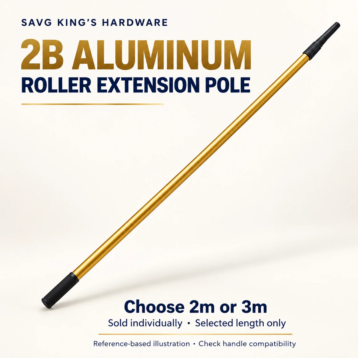 Reference-based SAVG illustration of one aluminum roller extension pole. Choose the listed 2m or 3m length, roller sold separately. Appearance and attachment may vary.