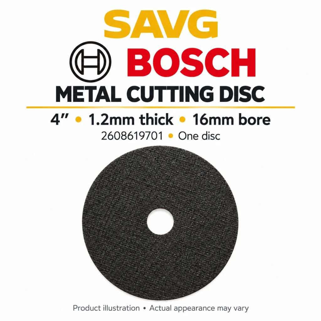 Bosch Metal Cutting Disc 4″ × 1.2mm, 16mm Bore – 2608619701; SAVG reference-based product illustration