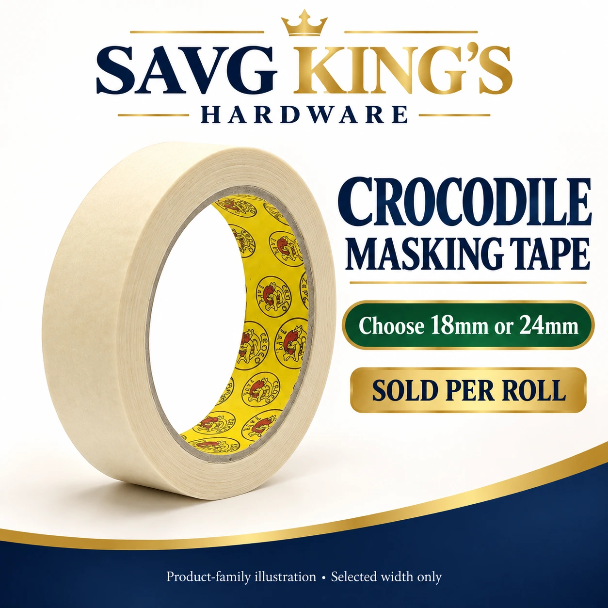Original SAVG product-family illustration showing one Crocodile masking tape roll. Each listing supplies one selected-width roll, 18mm or 24mm.