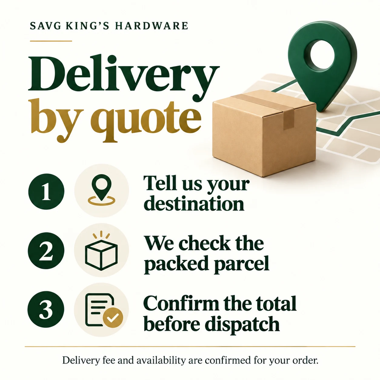Illustrated delivery quote guide: destination, packed parcel and total confirmed before dispatch