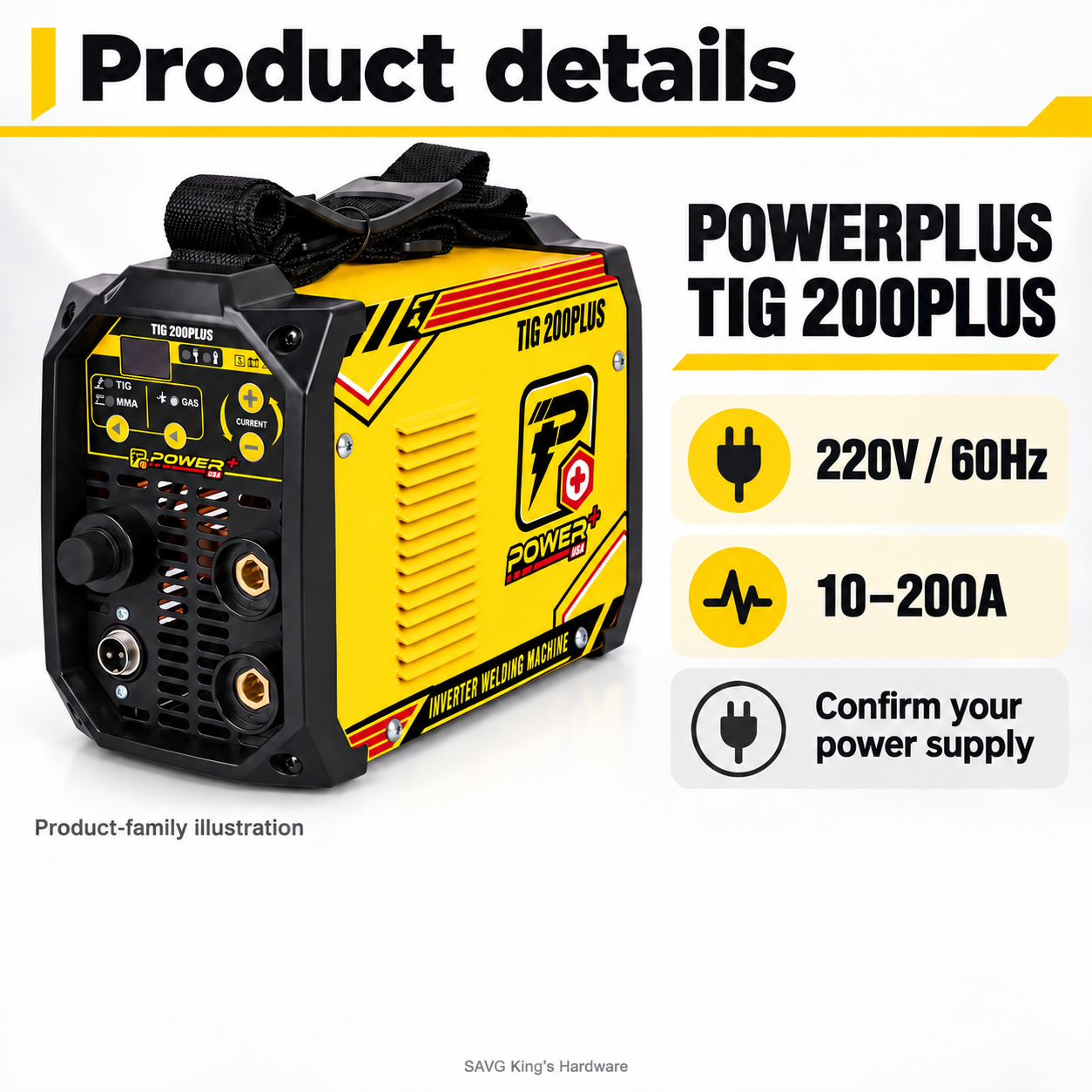 POWERPLUS TIG 200PLUS: verified product-family specifications. Product-family illustration.