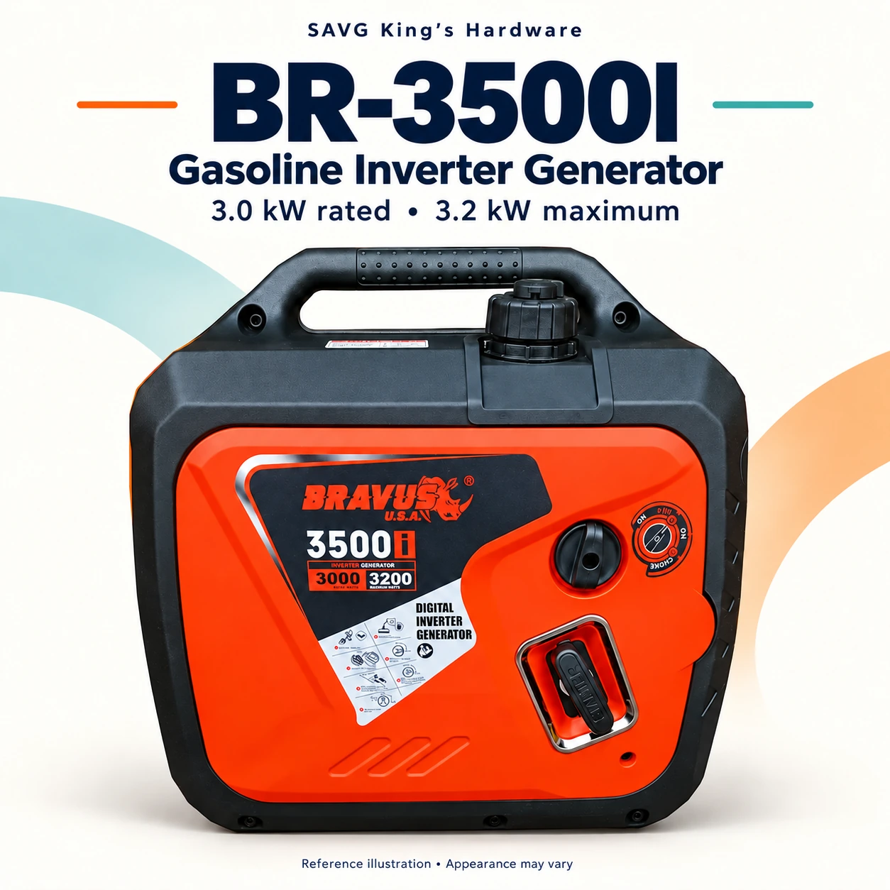 Bravus BR-3500I gasoline inverter generator illustration, 3.0kW rated and 3.2kW maximum.