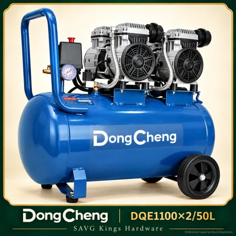 DongCheng DQE1100×2/50L 2200W 50L Oil-Free Air Compressor — reference-based product illustration.