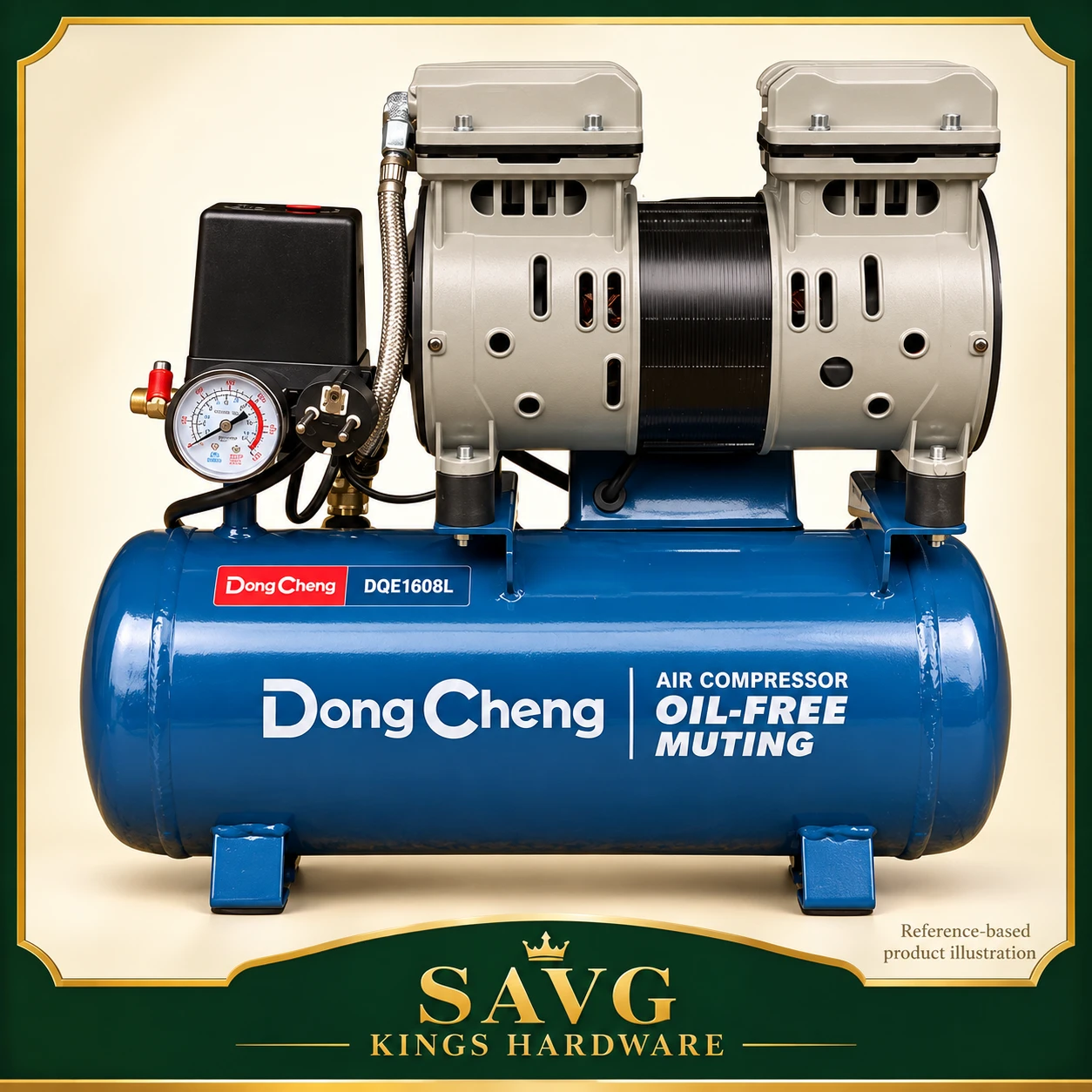 DongCheng DQE1608L 550W 8L Oil-Free Air Compressor — reference-based product illustration.