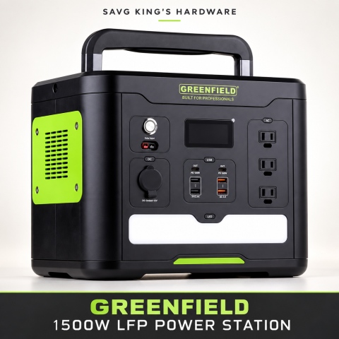 Greenfield GPS1500LFE black and green 1500W LFP portable power station with AC USB and DC connections