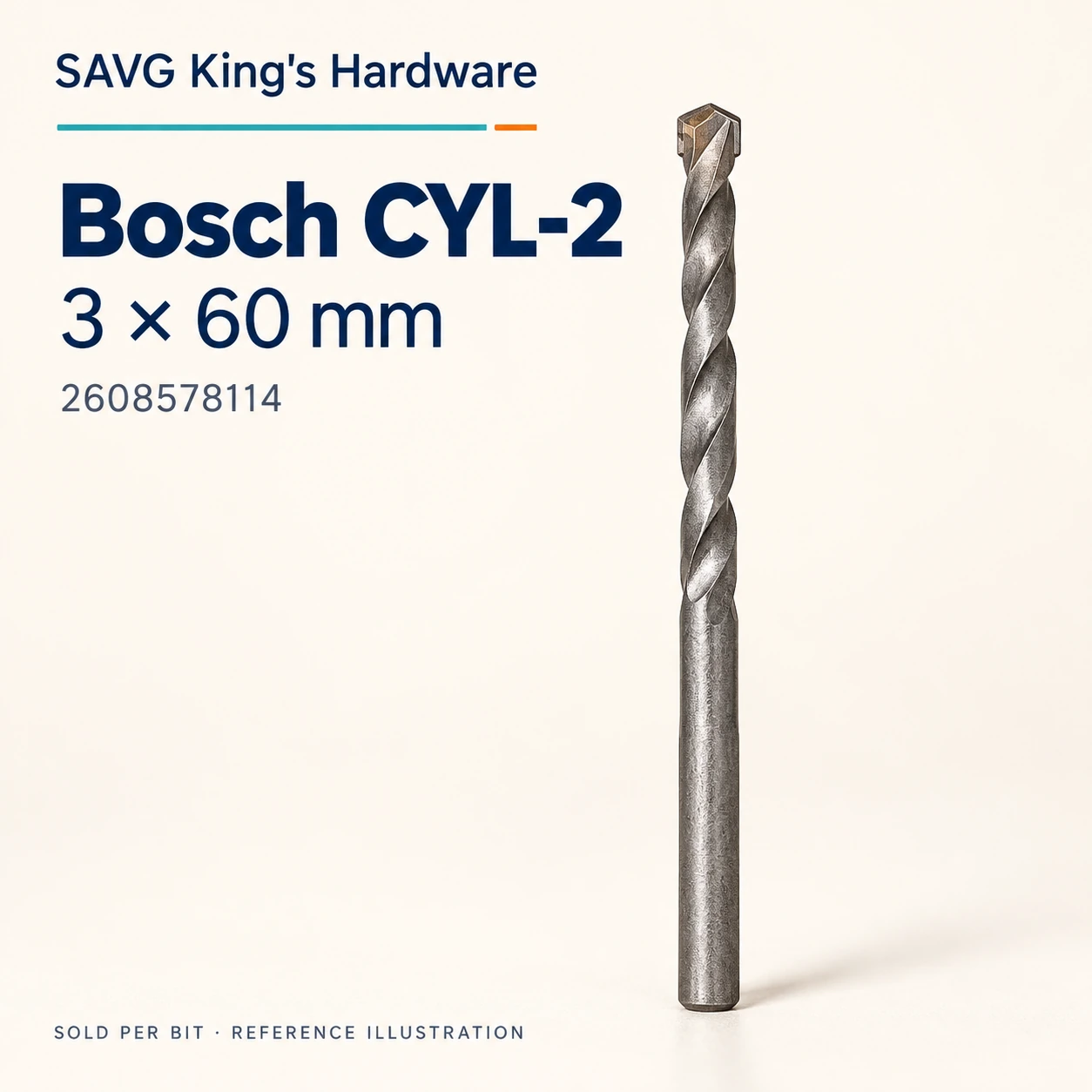 Bosch CYL-2 Masonry Drill Bit 3 × 60mm — 2608578114 — reference illustration by SAVG King's Hardware