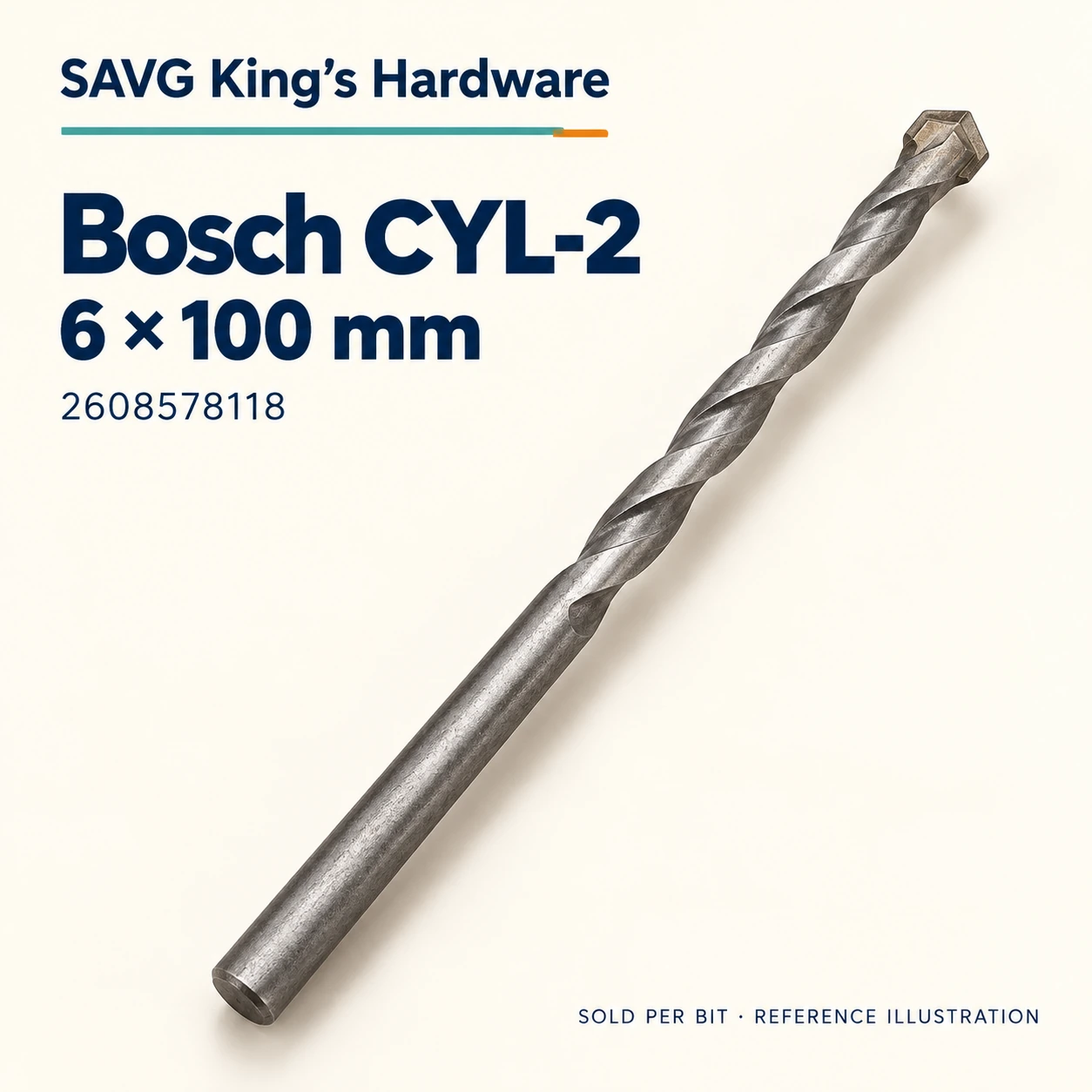 Bosch CYL-2 Masonry Drill Bit 6 × 100mm — 2608578118 — reference illustration by SAVG King's Hardware