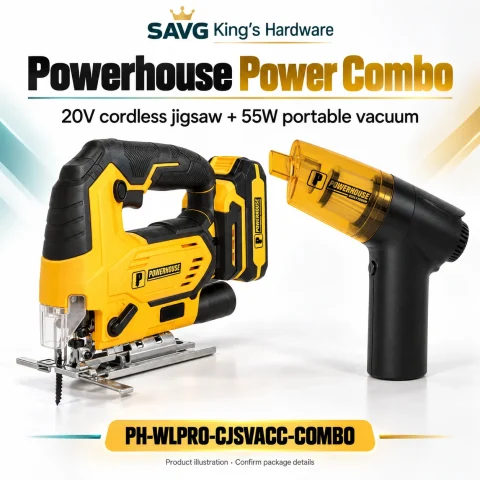Powerhouse Power Combo 3 — 20V Cordless Jigsaw + 55W Portable Vacuum — original product illustration