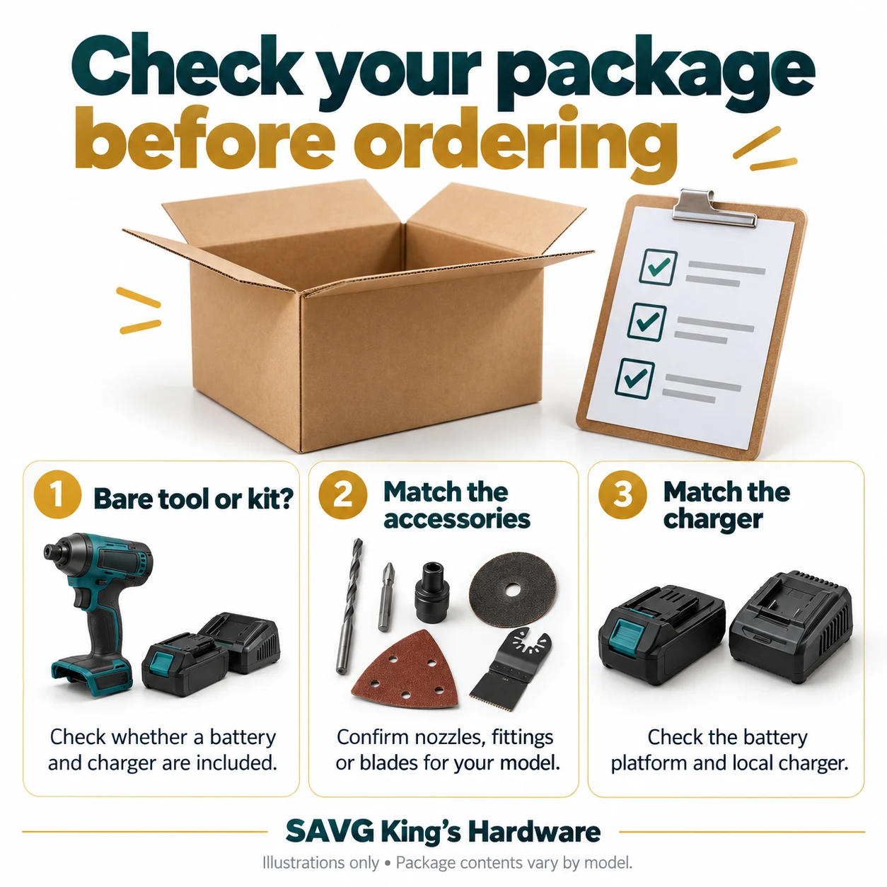 SAVG King’s Hardware guide to bare tools, kits, accessories and compatible chargers