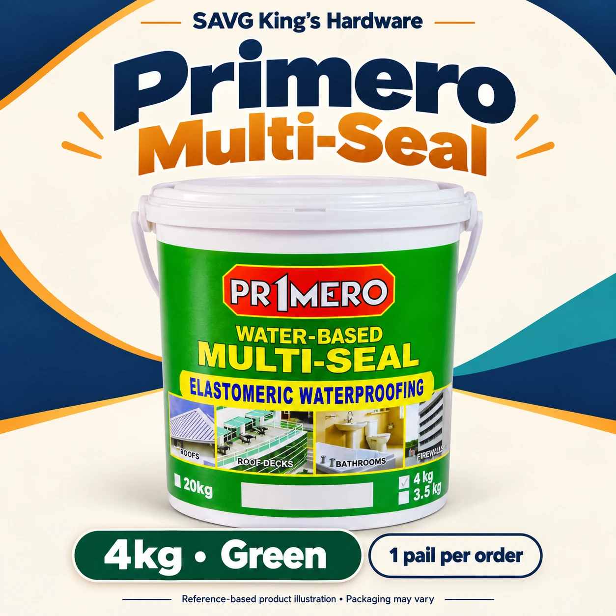 Primero Multi-Seal Elastomeric Waterproofing Sealant 4kg – Green; one pail; reference-based illustration