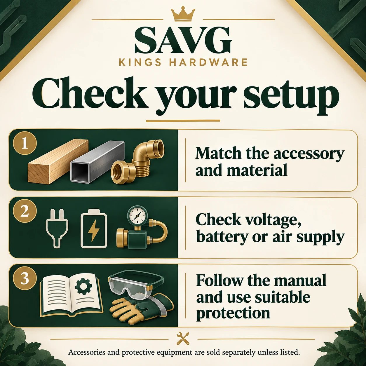 Check accessories, materials and electrical, battery or air supply; follow the manual and select suitable protection.
