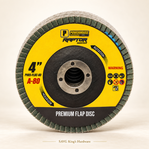 Powerhouse Raptor 4" Flap Disc A-80 — 100 × 16mm — reference-based product illustration