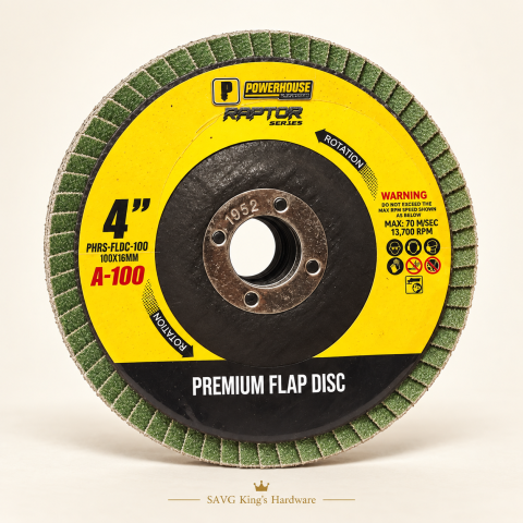 Powerhouse Raptor 4" Flap Disc A-100 — 100 × 16mm — reference-based product illustration
