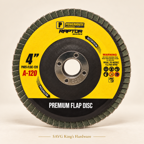 Powerhouse Raptor 4" Flap Disc A-120 — 100 × 16mm — reference-based product illustration
