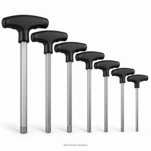 Powerhouse product-family illustration — generic seven-piece T-handle hex key set