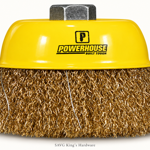 Powerhouse plain wire cup brush — product-family illustration; supplied size and thread are listed on the product