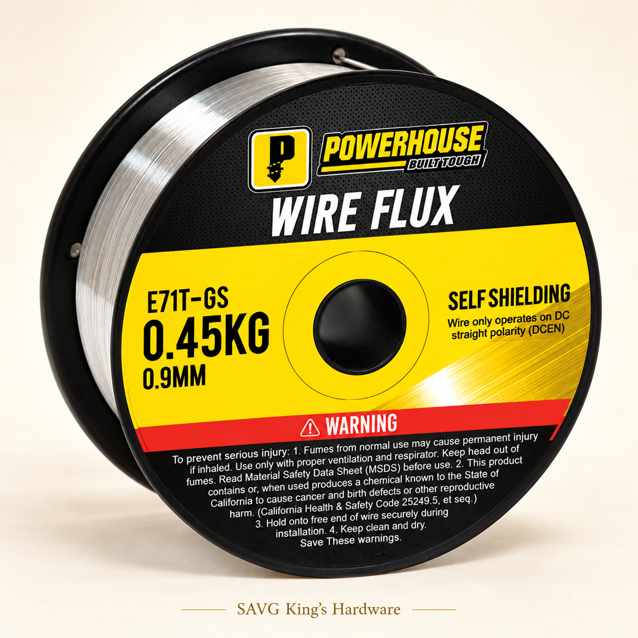 Powerhouse E71T-GS Flux-Cored Welding Wire — 0.9mm, 0.45kg — reference-based product illustration