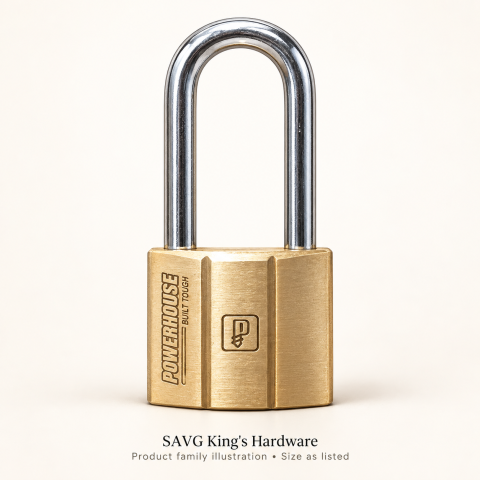 Powerhouse PH140 long-shackle brass padlock family illustration; size is specified in the product title.