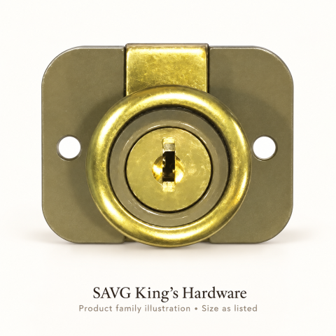 Powerhouse two-hole drawer lock family illustration; size is specified in the product title.