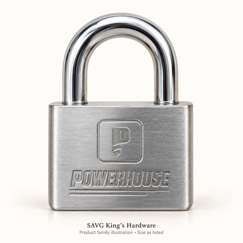 Powerhouse Top Security short-shackle padlock family illustration; size is specified in the product title.