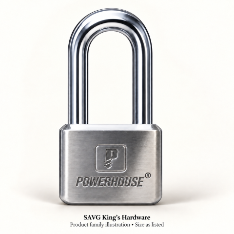 Powerhouse Top Security long-shackle padlock family illustration; nominal size is specified in the product title.