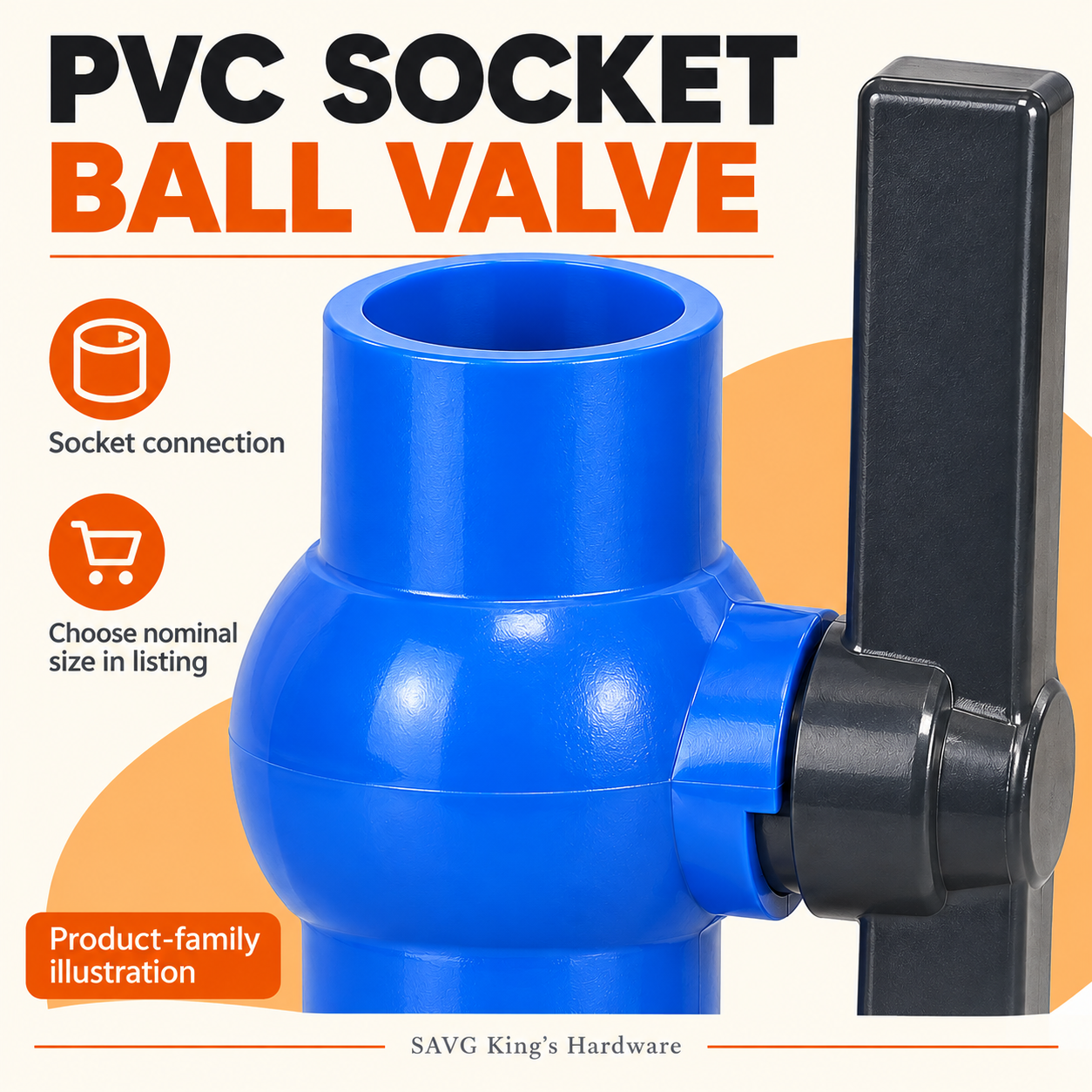 Waterhouse PVC socket ball valve product-family illustration. Refer to listing for nominal size.