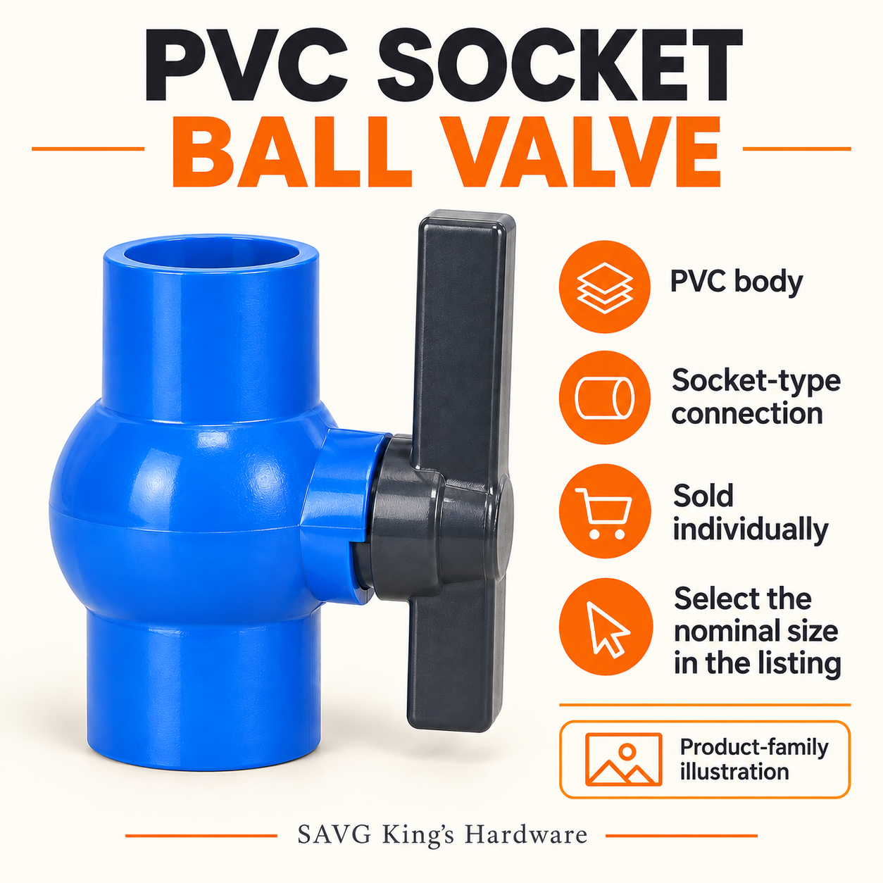 Waterhouse PVC socket ball valve product-family illustration. Refer to listing for nominal size.