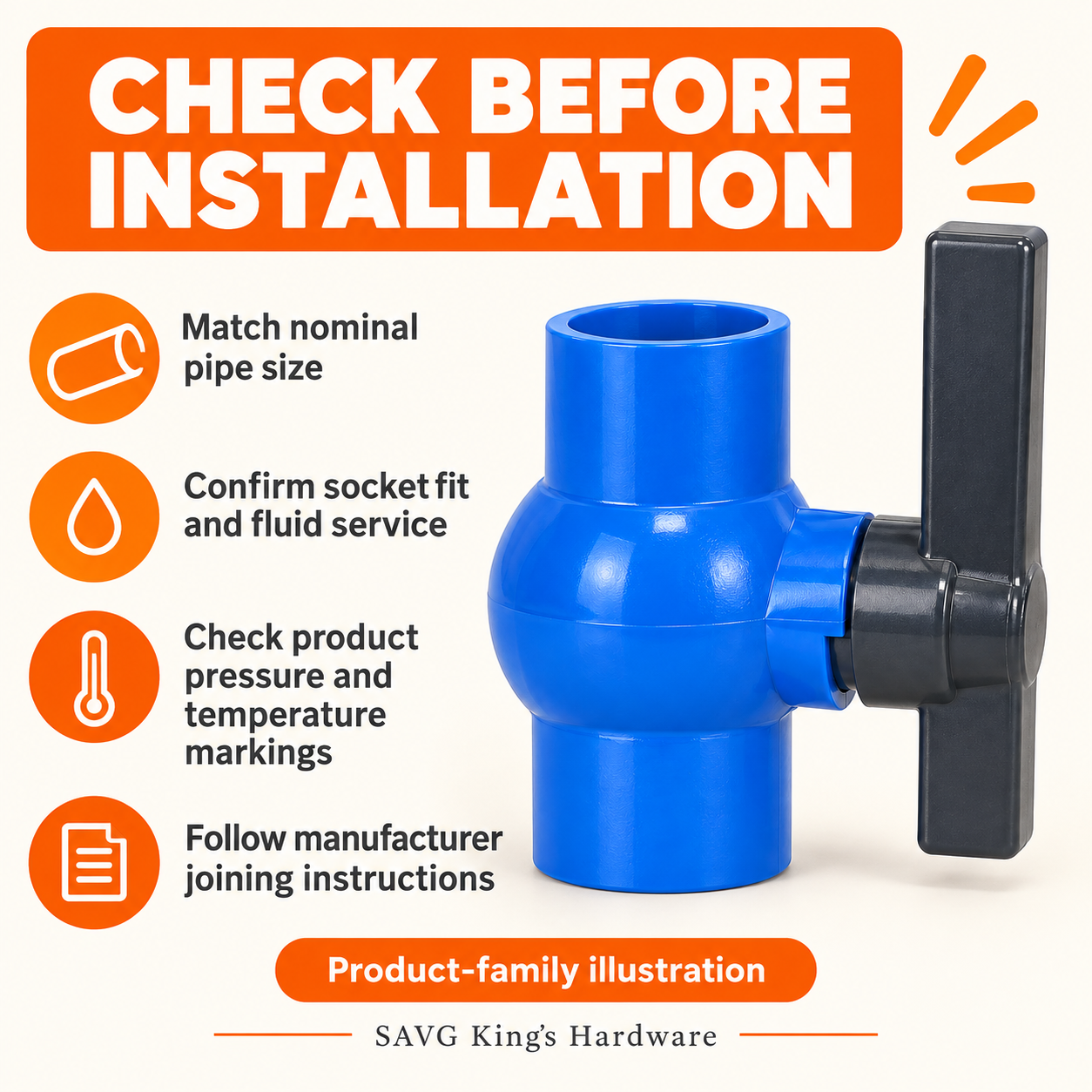Waterhouse PVC socket ball valve product-family illustration. Refer to listing for nominal size.