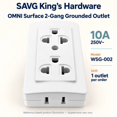 OMNI Surface 2-Gang Grounded Outlet 10A – WSG-002 – SAVG King's Hardware reference illustration