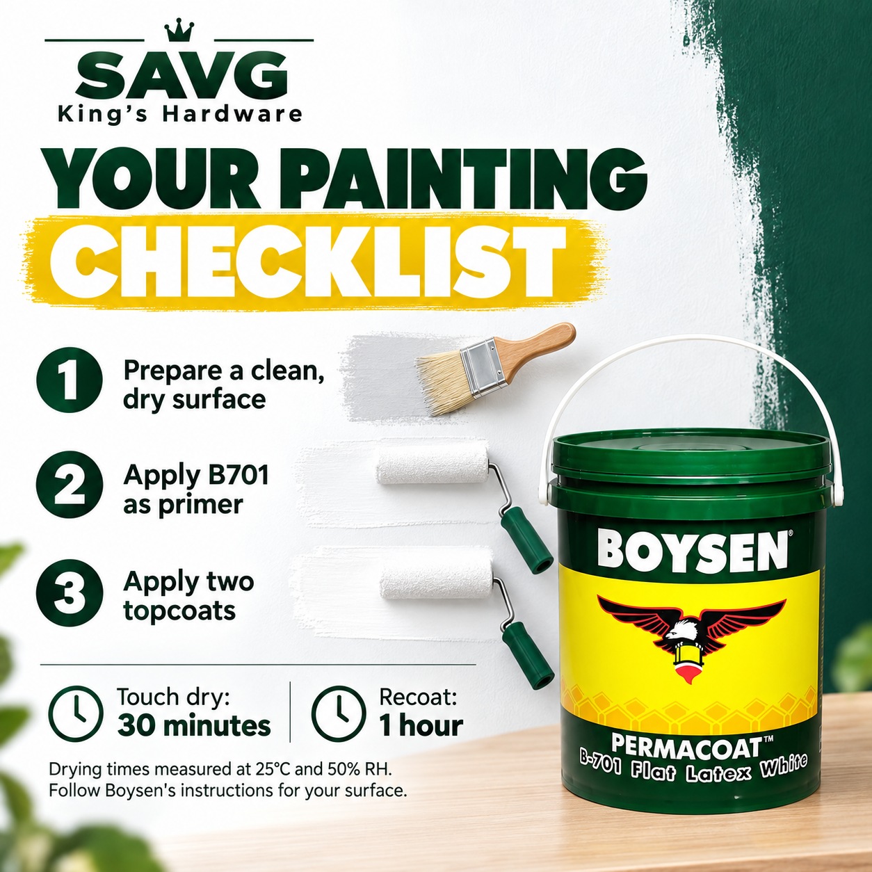 Boysen B701 painting guide: prepare the surface, apply primer, then two topcoats