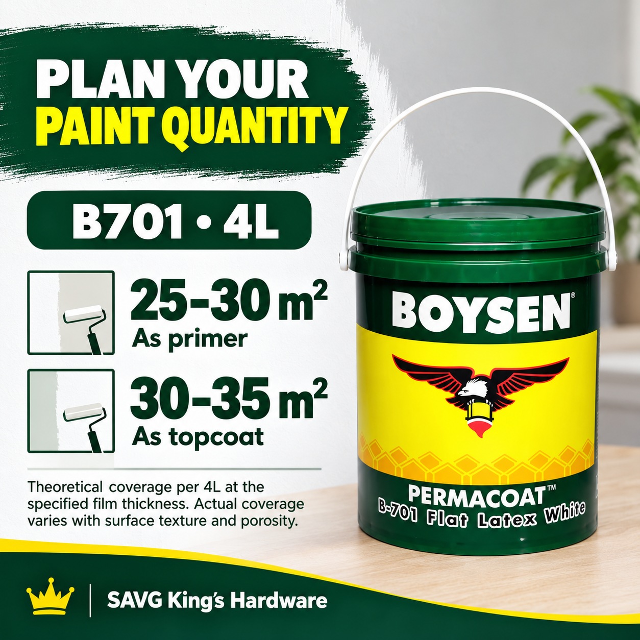 Boysen B701 coverage per 4L: 25–30 square metres as primer and 30–35 square metres as topcoat; actual coverage varies