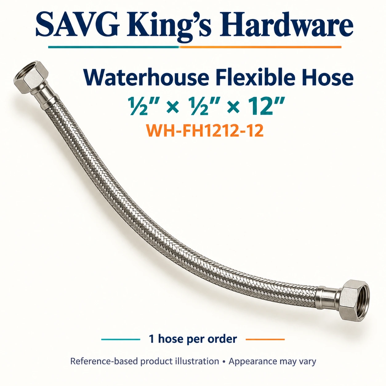 Waterhouse Lavatory Flexible Hose ½″ × ½″ × 12″ — reference-based product illustration, sold as 1 hose